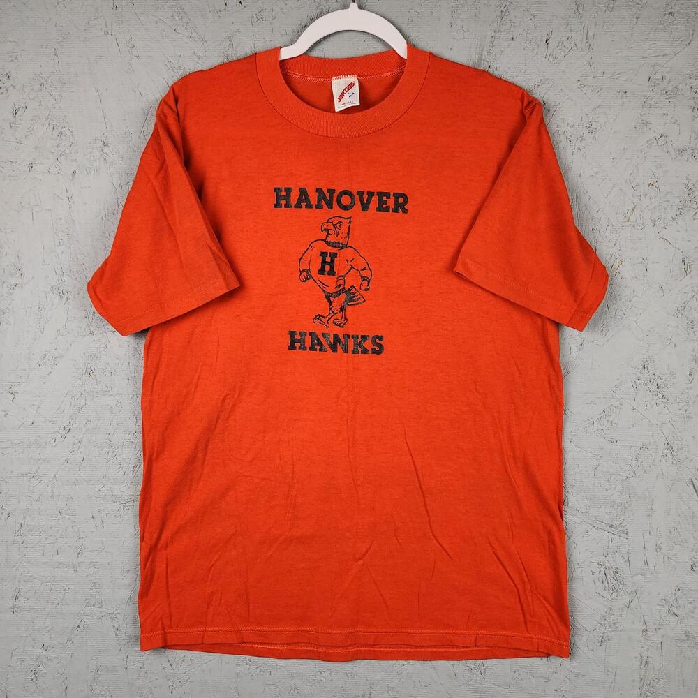 Vintage Hanover Hawks Shirt Mens Large Orange Graphic Logo 80s Virginia School - Picture 2 of 15